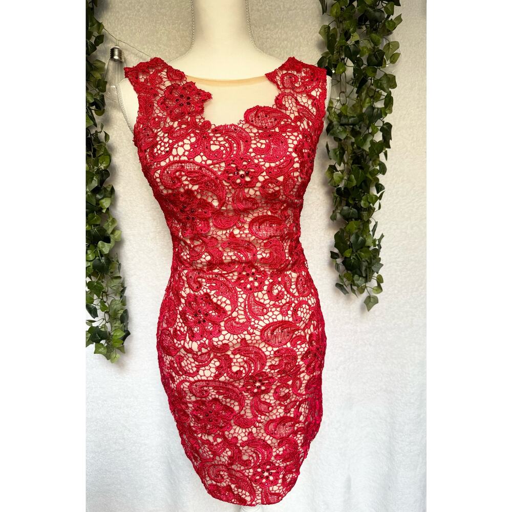 Pink Paparatzi Couture Lace Red Tan Bodycon Mini Dress XS